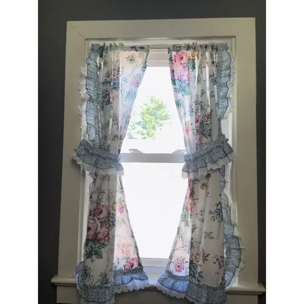 Vintage Cottagecore Floral Curtain Panels Lace Ruffle Tiebacks 42x32 1990s